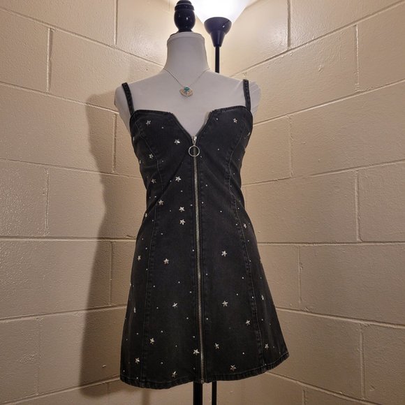 Black Denim Star Studded A Line Moto Mini Dress - Picture 3 of 7